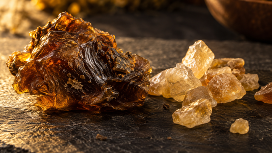 A lump of dark golden labdanum resin next to pale amber crystals on slate in warm light