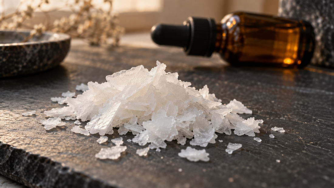Ambroxan flakes on a dark slate perfumer's bench with an amber dropper bottle behind