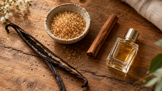 Split vanilla bean, a dish of caramel sugar, a cinnamon stick and a small perfume bottle on warm timber