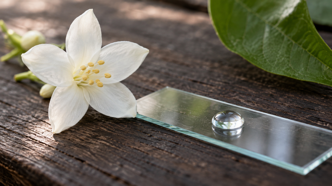 A white jasmine flower and a drop of clear liquid on a glass slide on a dark timber bench