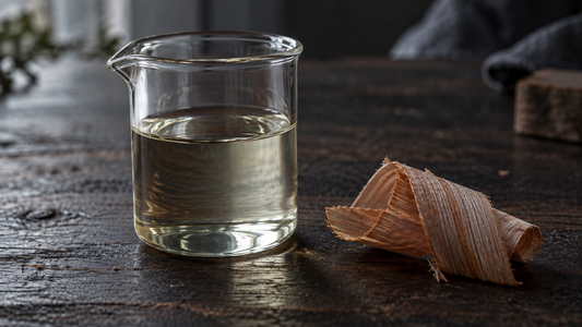 A glass beaker of clear Iso E Super beside a curl of cedar wood shaving on a dark timber bench