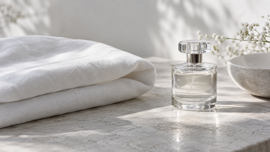 Folded white cotton cloth and a clear glass perfume bottle on pale stone in soft morning light