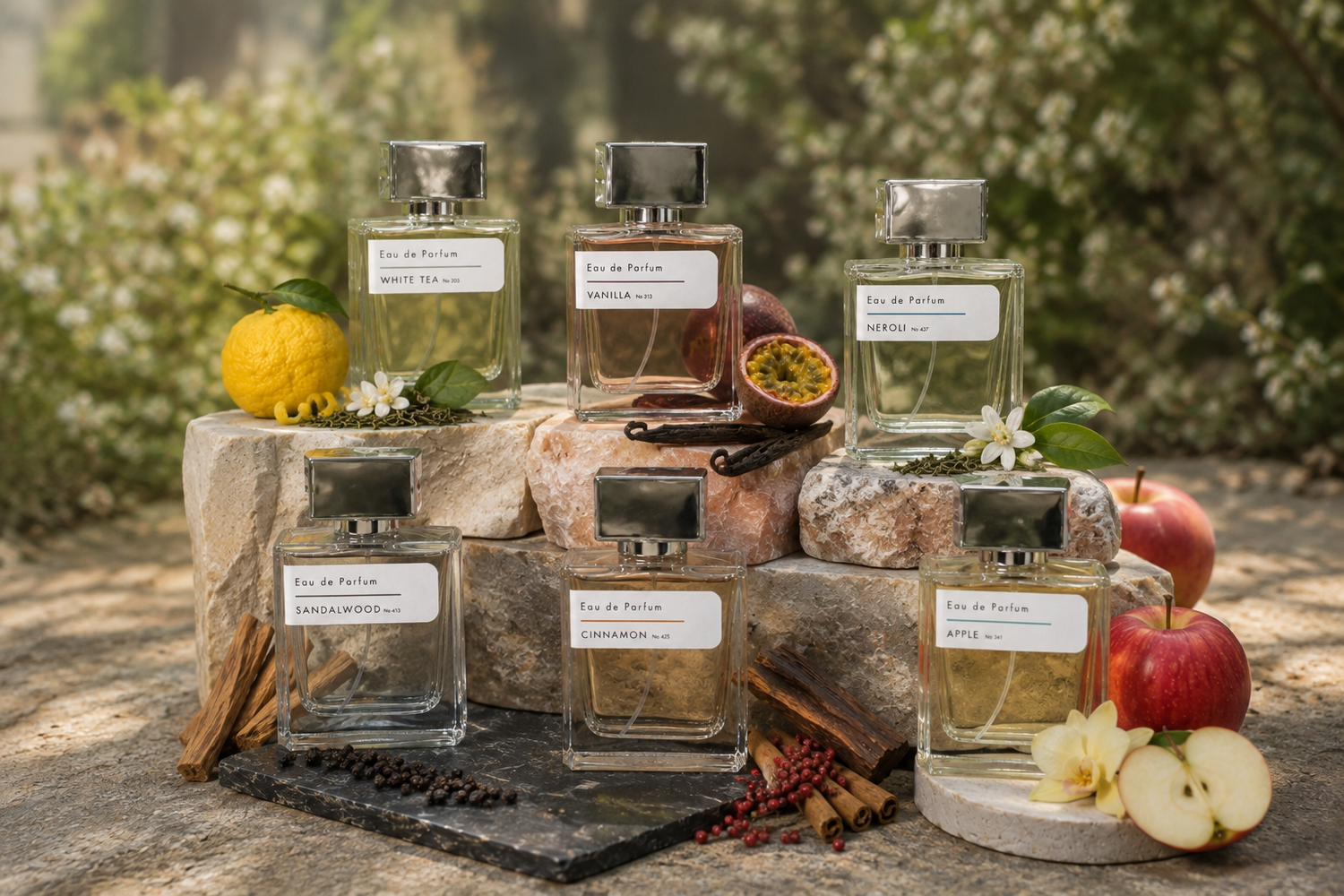 Stuga handmade Australian perfume bottles — White Tea No. 203, Vanilla No. 313, Neroli No. 437, Sandalwood No. 413, Cinnamon No. 425 and Apple No. 341 — on stone plinths in a sunlit garden