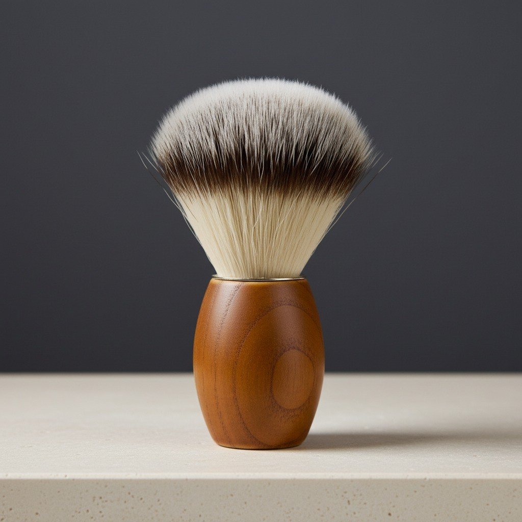 Ash wood handle shaving brush with soft, two-tone synthetic bristles, light at the tips, dark in the middle.