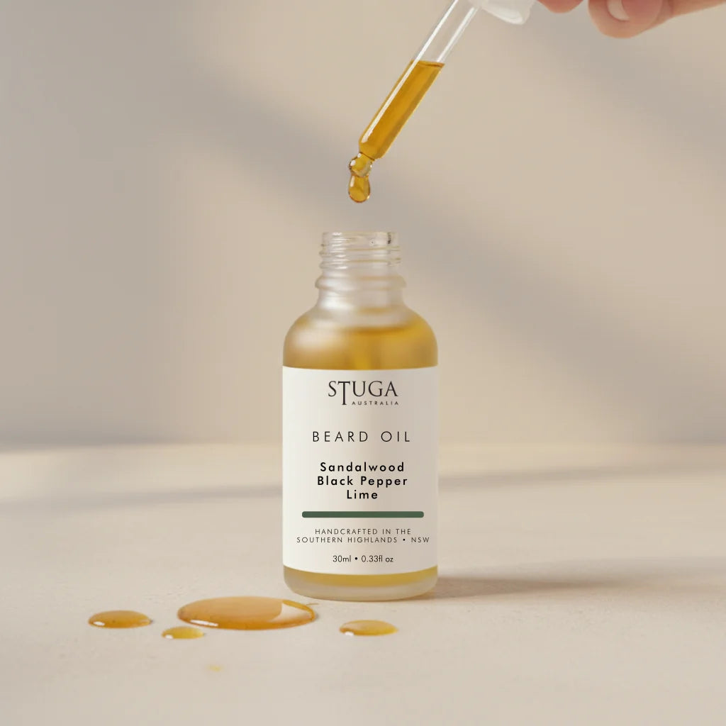 Stuga Australia 30ml beard oil in glass dropper bottle, scented with sandalwood, black pepper, and lime