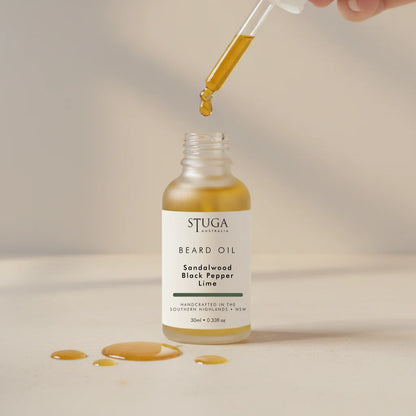 Stuga Australia 30ml beard oil in glass dropper bottle, scented with sandalwood, black pepper, and lime