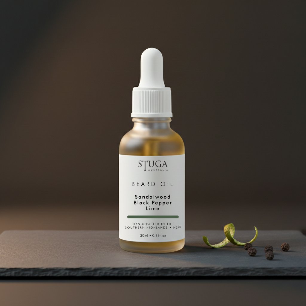 Stuga Australia 30ml beard oil in glass dropper bottle, sandalwood black pepper and lime scent