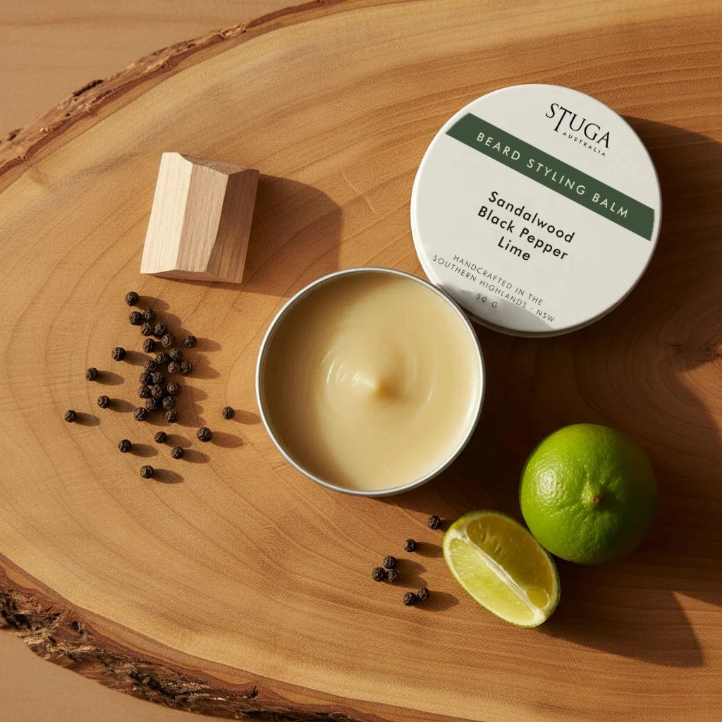 Stuga Australia Beard Styling Balm in open tin with sandalwood, black pepper, and lime scent, 50g