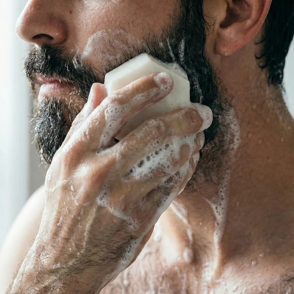 Man lathering a white hexagonal beard wash bar into his dark beard with rich sudsy foam