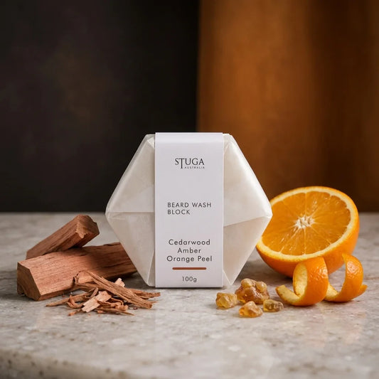 Stuga Australia Beard Wash Block, natural shampoo bar scented with cedarwood, amber and orange peel, 100g, with cedarwood and fresh orange.