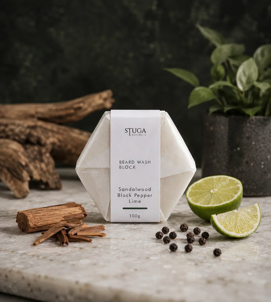 Stuga Australia Beard Wash Block, natural shampoo bar scented with sandalwood, black pepper and lime, 100g, with sandalwood sticks, peppercorns and lime.