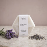 Stuga Australia Beard Wash Block, natural shampoo bar scented with Tasmanian lavender, 100g, with fresh and dried lavender on a stone benchtop.