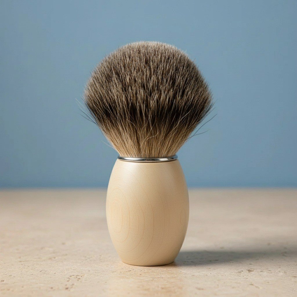 Shaving brush with light beech wood handle and dark 3rd grade badger bristles, standing upright on a light surface with a blu