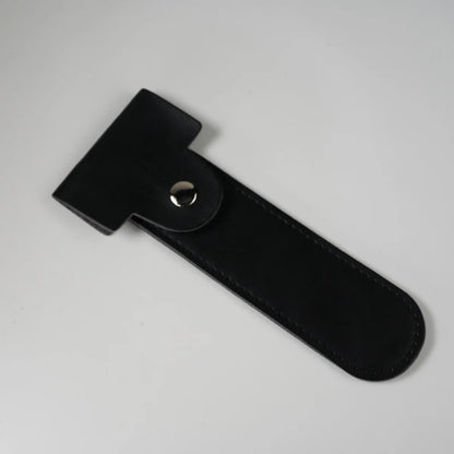 Black leather watch strap with silver snap button closure and stitched edges for secure fit