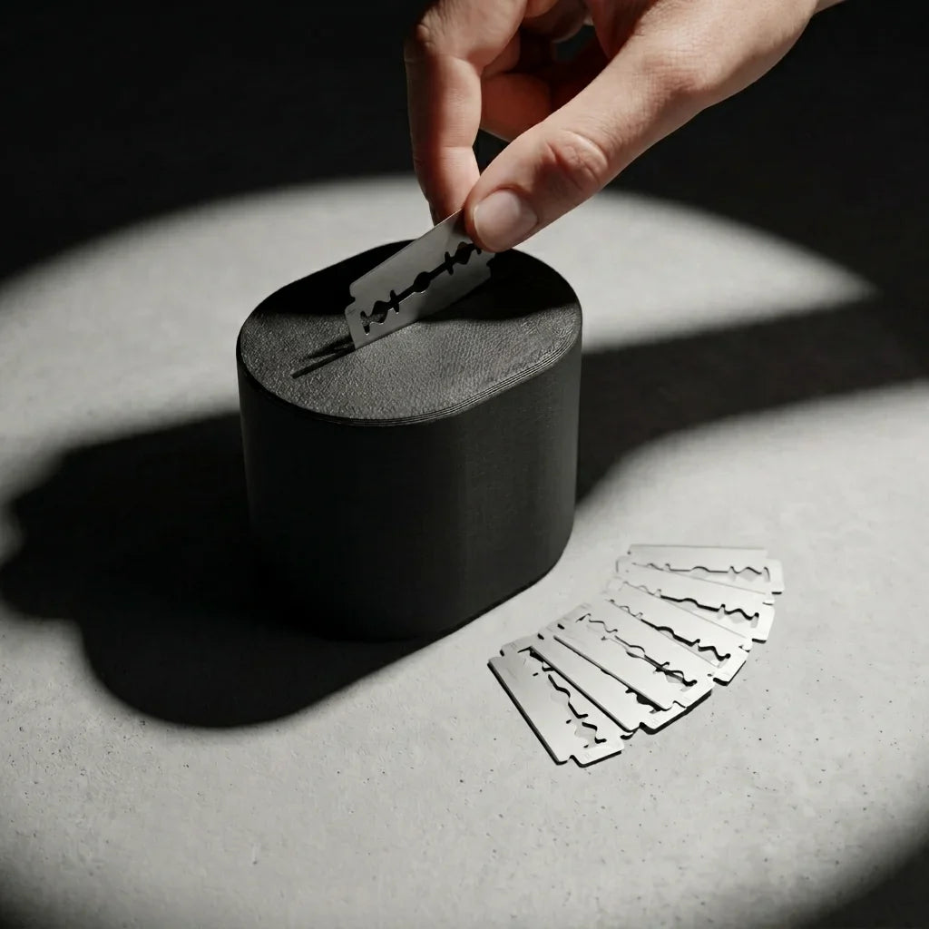 Hand dropping a used razor blade into the Stuga Blade Bank disposal case