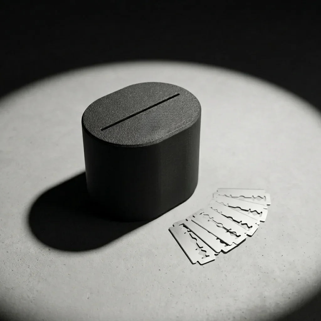 Stuga Blade Bank sealed matte charcoal razor blade disposal case on concrete