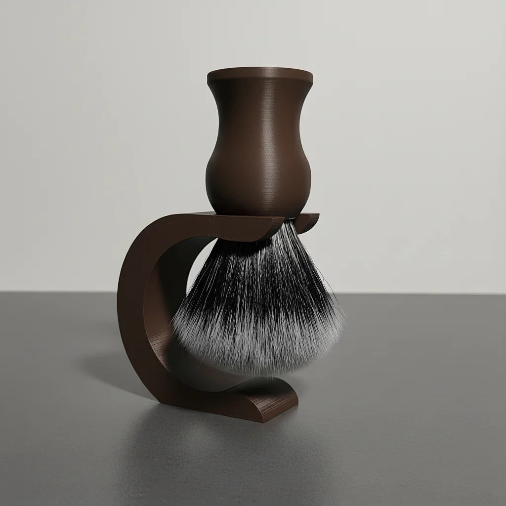 Dark brown shaving brush with black and white synthetic bristles, resting on a matching curved stand.