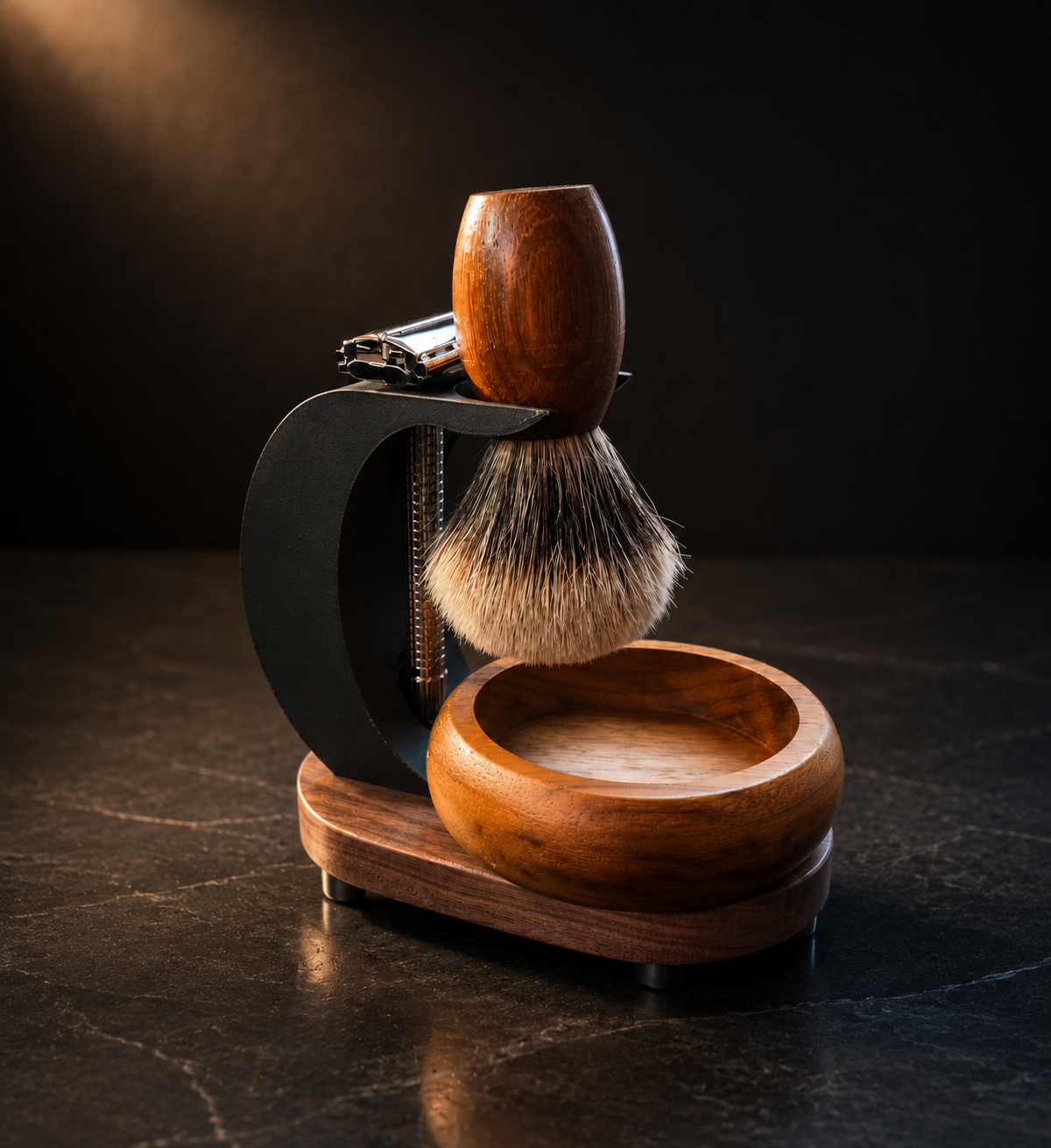 Stuga Complete Shaving Kit — silvertip badger brush, double edge safety razor, hand-turned timber lathering bowl and black C-stand on a timber base