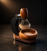Stuga Complete Shaving Kit — silvertip badger brush, double edge safety razor, hand-turned timber lathering bowl and black C-stand on a timber base