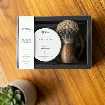 Stuga Australia Complete Shaving Kit in gift box with wooden-handle shaving brush and cedarwood shave soap tin