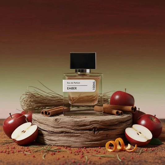Ember Eau de Parfum bottle on a wooden stand, surrounded by red apples, cinnamon sticks, and dried herbs.