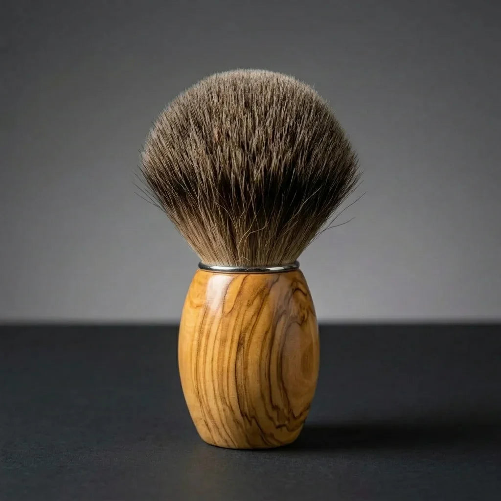 Essentials badger shaving brush with handturned olive wood handle by Stuga