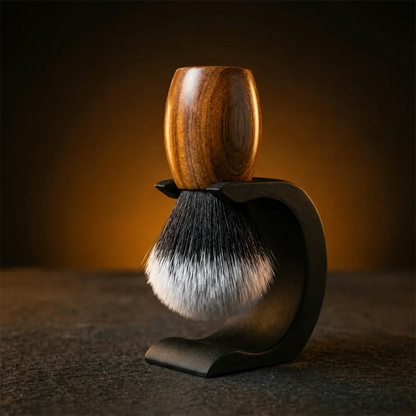 Essentials badger shaving brush with hand-carved Teak timber handle on Wave stand