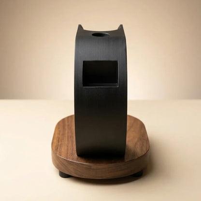 The Grand Wave teak shaving stand rear view showing built-in blade storage slot