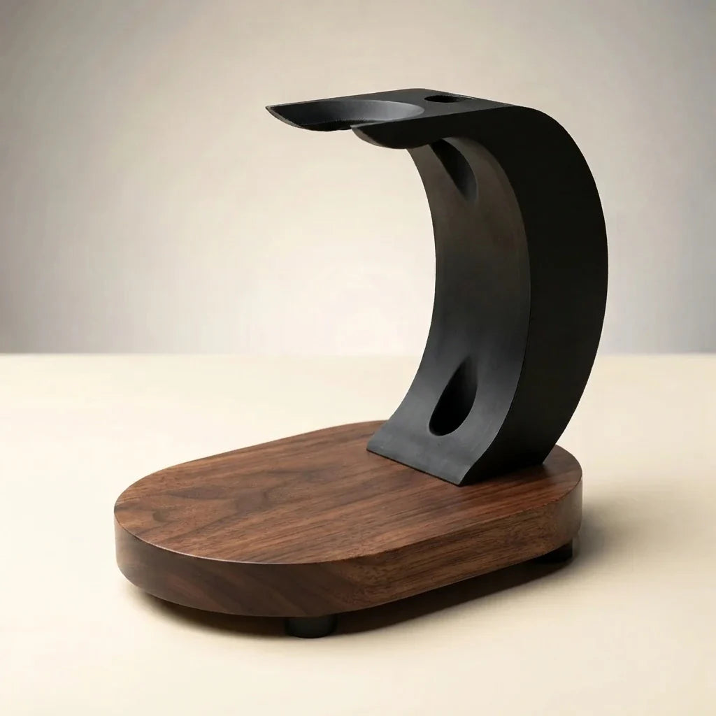 The Grand Wave wooden shaving brush and razor stand in walnut timber with matte black wave and razor blade storage — handmade in Australia by Stuga