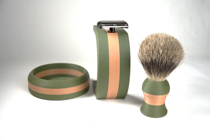 Green and copper striped shaving set with badger hair brush, razor stand, and soap bowl for traditional wet shaving