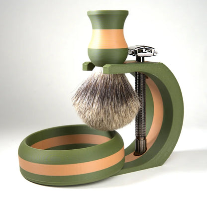 Green and beige striped shaving brush with soft bristles and matching bowl on a curved stand for wet shaving