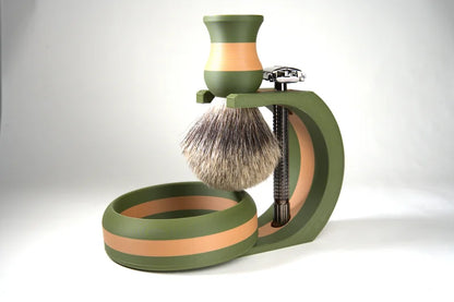 Green and tan ceramic shaving brush set with stand and bowl for traditional wet shaving