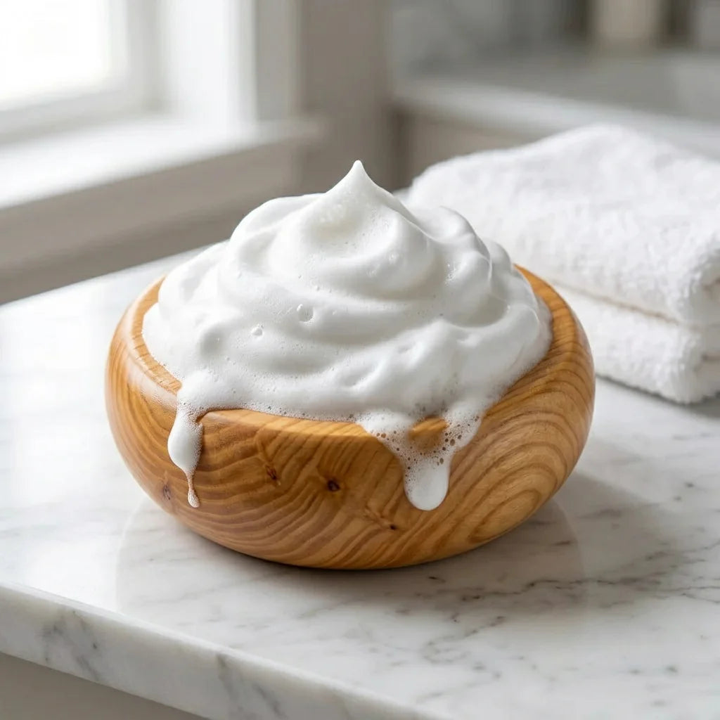 Huon Pine shaving bowl overflowing with rich shaving lather on marble bathroom countertop