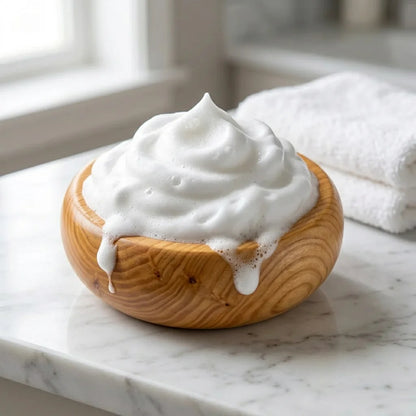 Huon Pine shaving bowl overflowing with rich shaving lather on marble bathroom countertop