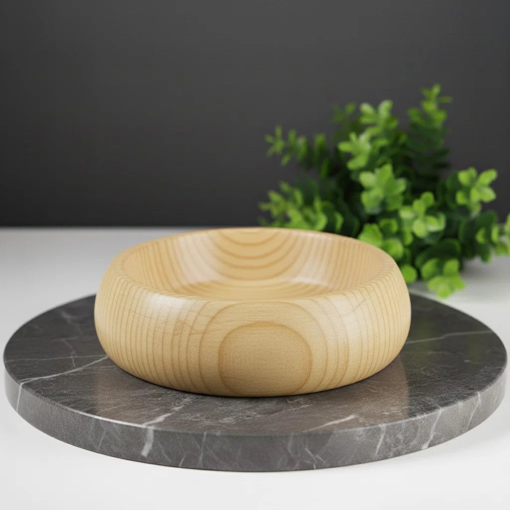 Smooth, light-colored huon pine wood shaving bowl on a dark marble surface with green foliage in the background.