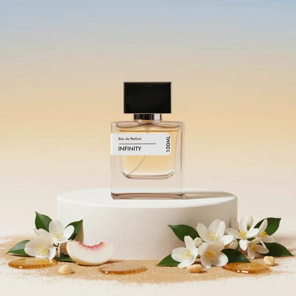 Infinity Eau de Parfum, 100ml, clear glass bottle with black cap, surrounded by white jasmine flowers, peach slice, and gold 