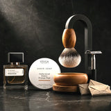 Luxury Magic Shaving Kit with matched 30ml Phantom eau de parfum, STUGA shave soap tin, silver tip badger brush, timber bowl, safety razor and wrapped blades on black marble