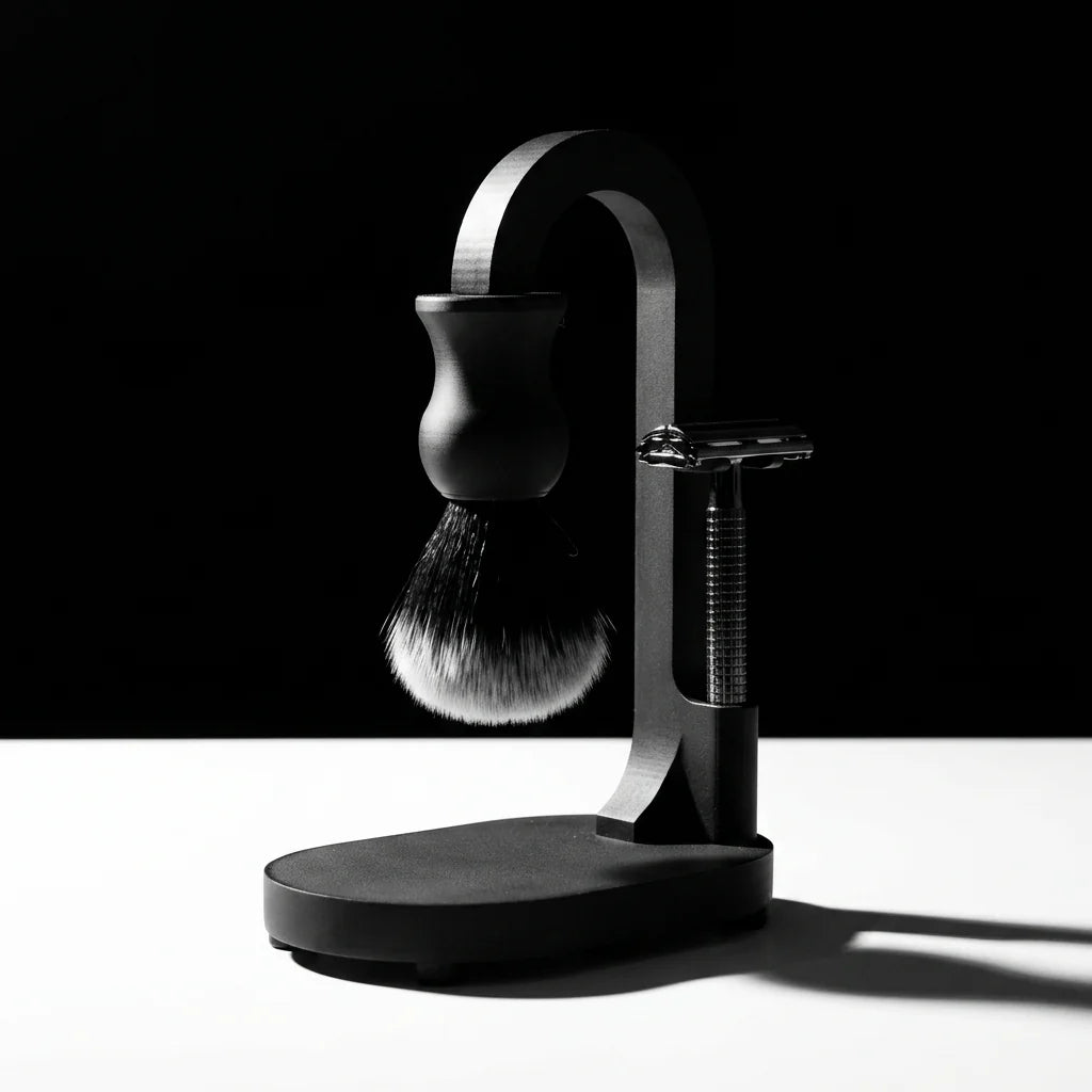 Matte black shaving stand holding a synthetic shaving brush and chrome double-edge safety razor on oval base