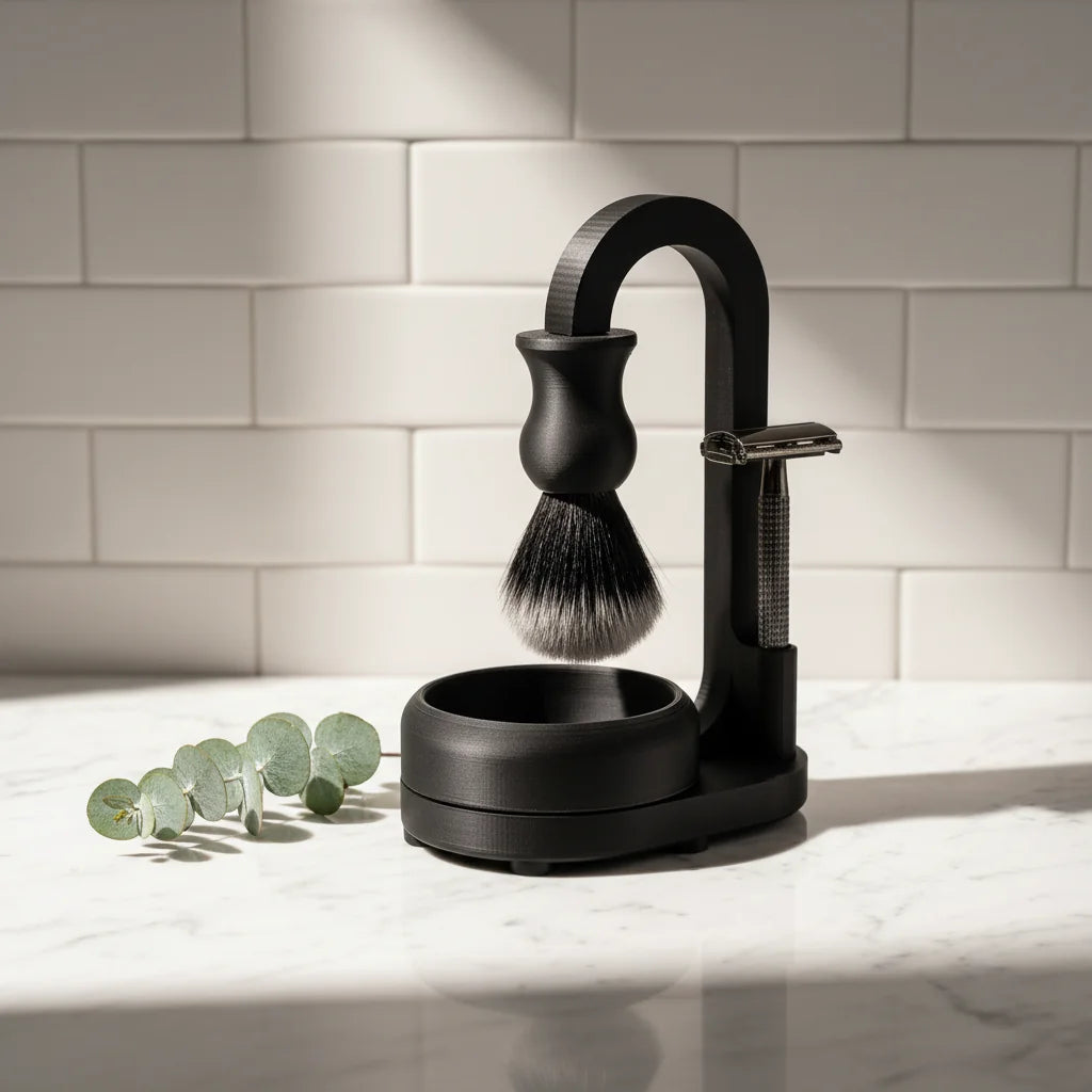 Matte black shaving set with safety razor, shaving brush, bowl, and stand on marble countertop