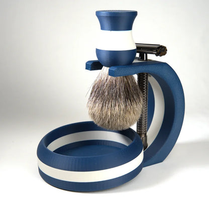 Navy blue and white striped shaving brush and bowl set with a matching stand for wet shaving