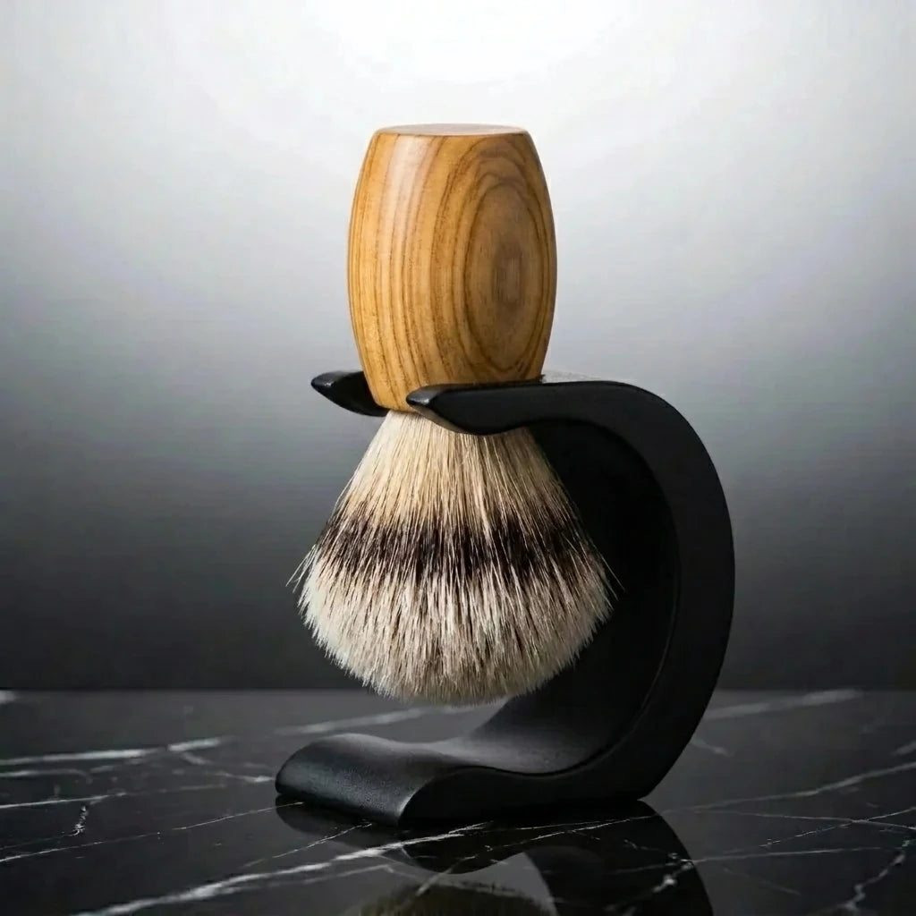 Luxury silver tip badger shaving brush with olive wood handle on a matte black Wave stand, Australian made by Stuga