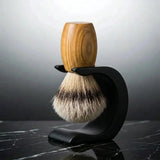 Luxury silver tip badger shaving brush with olive wood handle on a matte black Wave stand, Australian made by Stuga