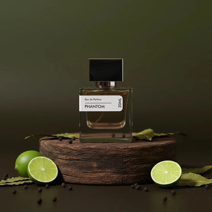 Stuga Phantom Eau de Parfum, 30ml, clear glass bottle with black cap, on a rustic wooden stand with fresh limes and peppercor