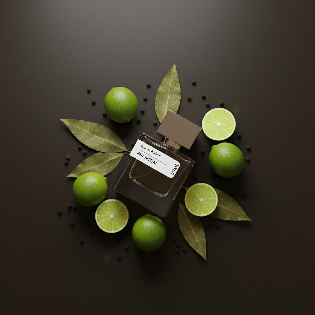 Phantom Eau de Parfum bottle surrounded by fresh green limes, bay leaves, and black peppercorns on a dark background.