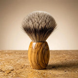 Premium badger shaving brush with handturned olive wood handle by Stuga
