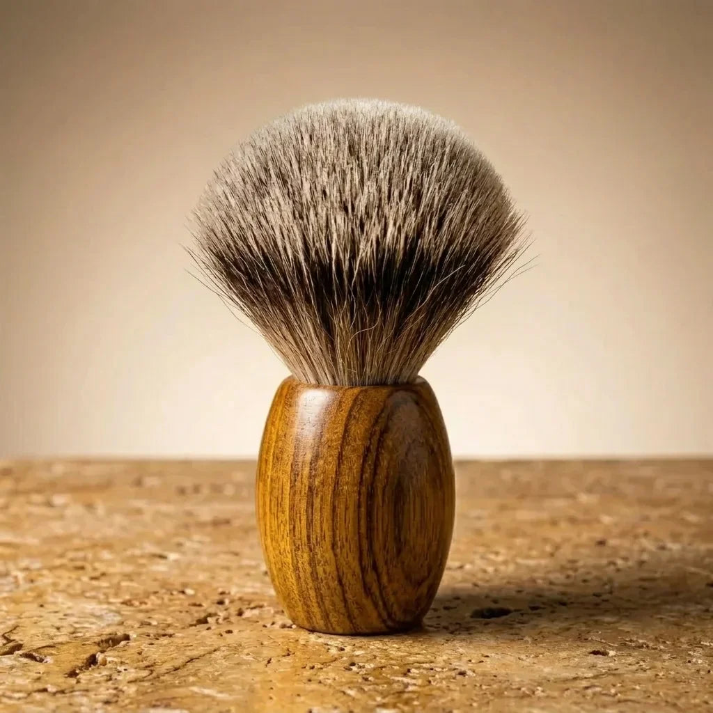 Premium badger shaving brush with handturned teak wood handle by Stuga