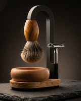 Handturned olive wood shaving stand with premium badger brush and timber lathering bowl