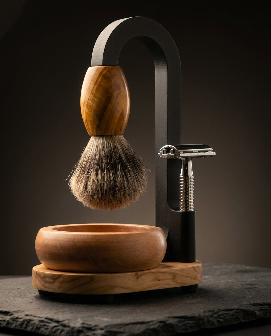 Handturned olive wood shaving stand with premium badger brush and timber lathering bowl