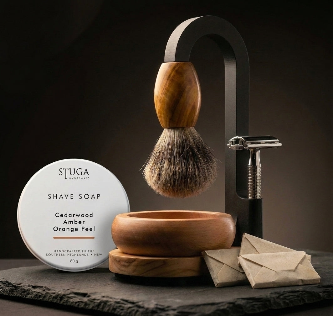 Premium shaving kit includes artisan shaving soap and DE safety razor blade sampler