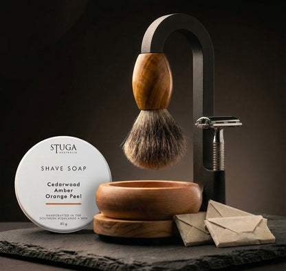 Premium shaving kit includes artisan shaving soap and DE safety razor blade sampler